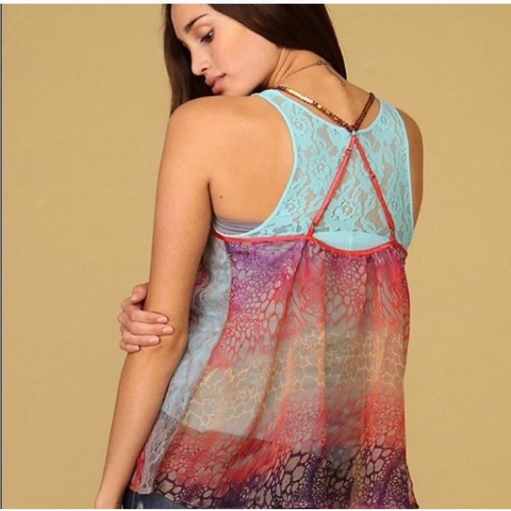 FREE PEOPLE SEQUIN MULTI-COLOR ANIMAL PRINT CAMI TOP BLOUSE SHIRT SIZE LARGE - Picture 2 of 16